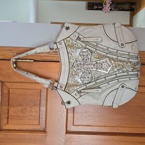Vintage Miss Me Large Handbag with shoulder strap, off white/cream color.